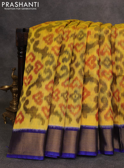 Pale Yellow & Blue Ikat Silk Cotton Saree
