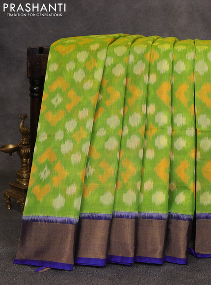 Lime Green & Blue Ikat Silk Cotton Saree