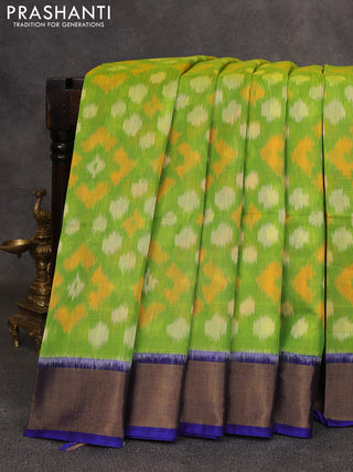 Lime Green & Blue Ikat Silk Cotton Saree