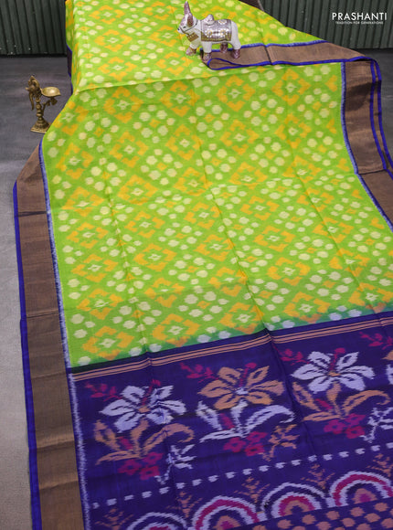 Lime Green & Blue Ikat Silk Cotton Saree