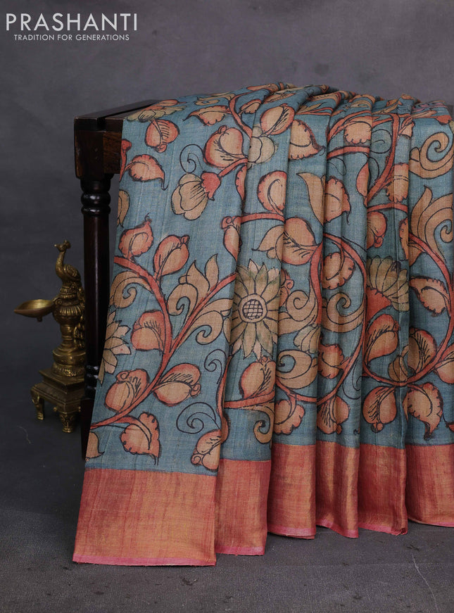 Teal Blue & Pink Pure Tussar Silk - Pen Kalamkari Prints