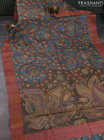 Teal Blue & Pink Pure Tussar Silk - Pen Kalamkari Prints