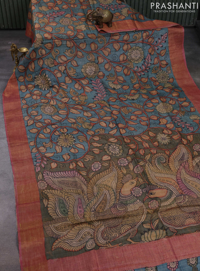 Teal Blue & Pink Pure Tussar Silk - Pen Kalamkari Prints