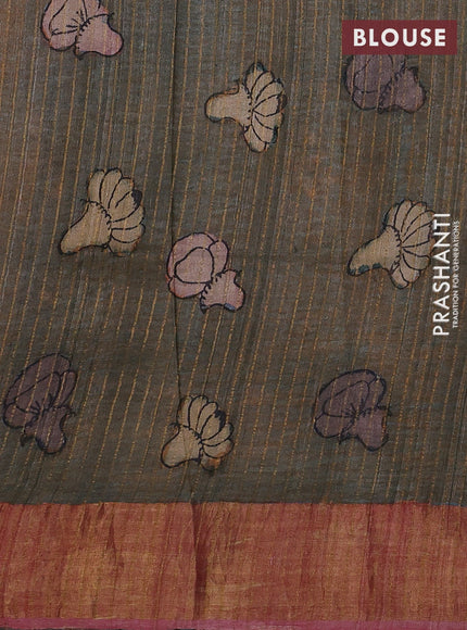 Teal Blue & Pink Pure Tussar Silk - Pen Kalamkari Prints