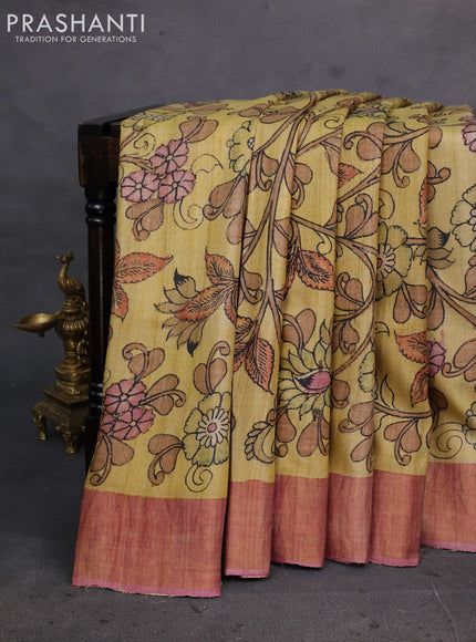 Yellow & Pastel Pink Pure Tussar Silk - Pen Kalamkari Prints