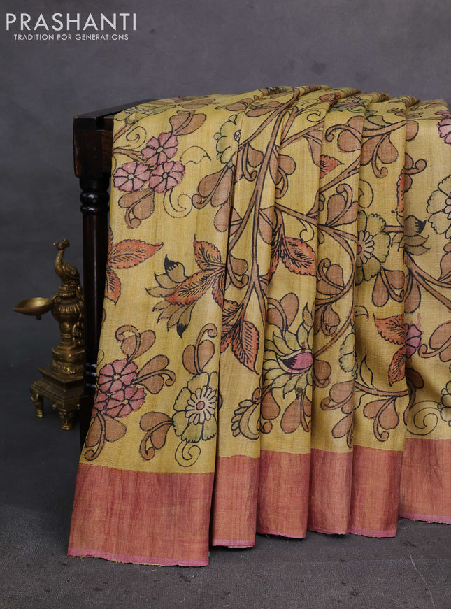Yellow & Pastel Pink Pure Tussar Silk - Pen Kalamkari Prints