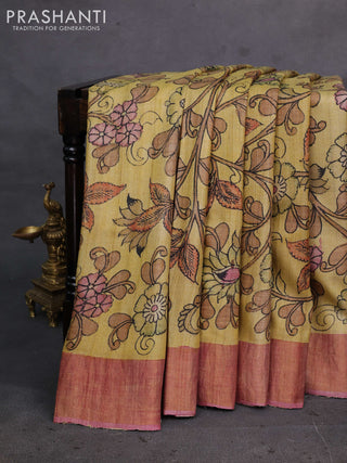 Yellow & Pastel Pink Pure Tussar Silk - Pen Kalamkari Prints
