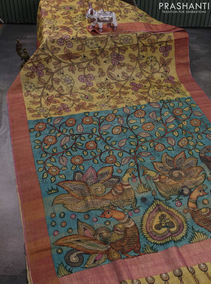 Yellow & Pastel Pink Pure Tussar Silk - Pen Kalamkari Prints