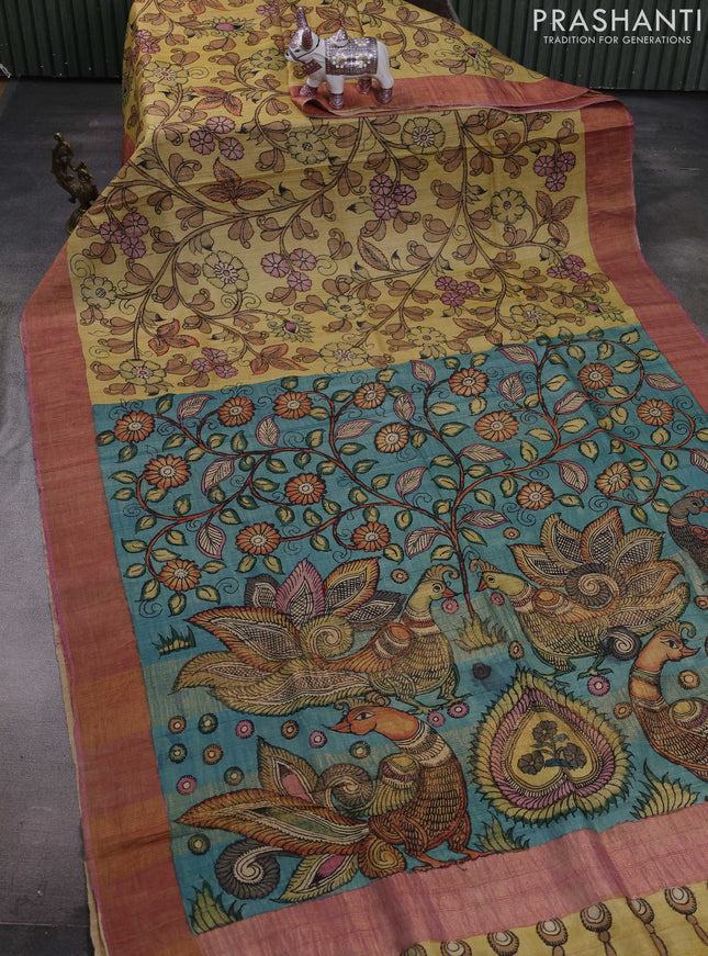 Yellow & Pastel Pink Pure Tussar Silk - Pen Kalamkari Prints