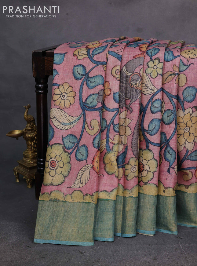 Peach Pink & Teal Blue Pure Tussar Silk - Pen Kalamkari Prints