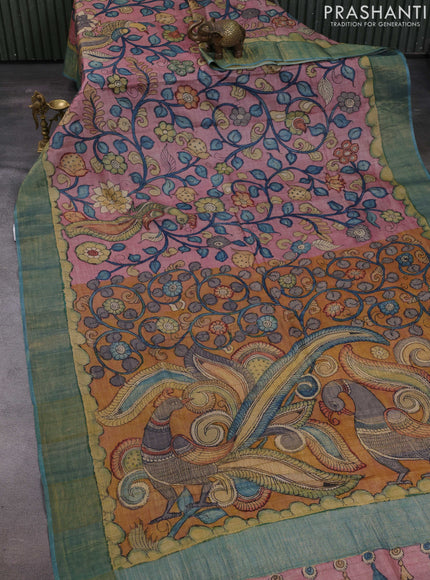 Peach Pink & Teal Blue Pure Tussar Silk - Pen Kalamkari Prints