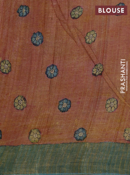 Peach Pink & Teal Blue Pure Tussar Silk - Pen Kalamkari Prints