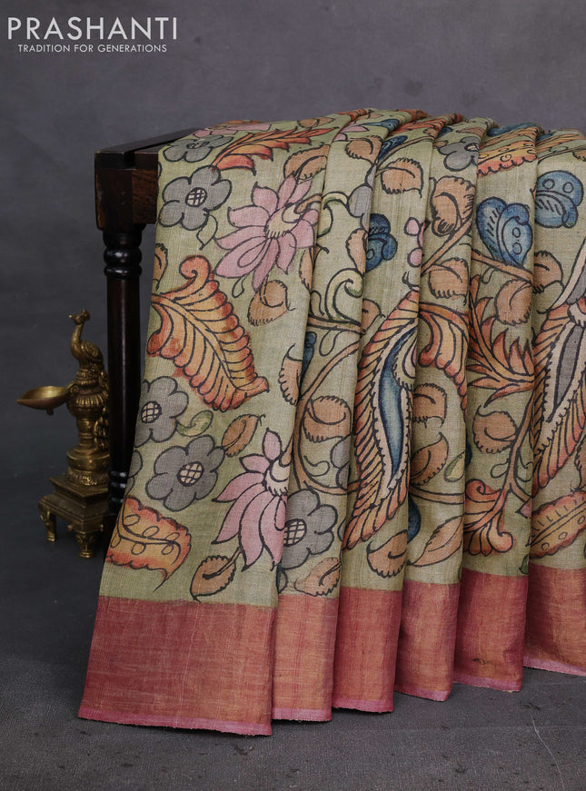 Elaichi Green & Mauve Pink Pure Tussar Silk - Pen Kalamkari Prints