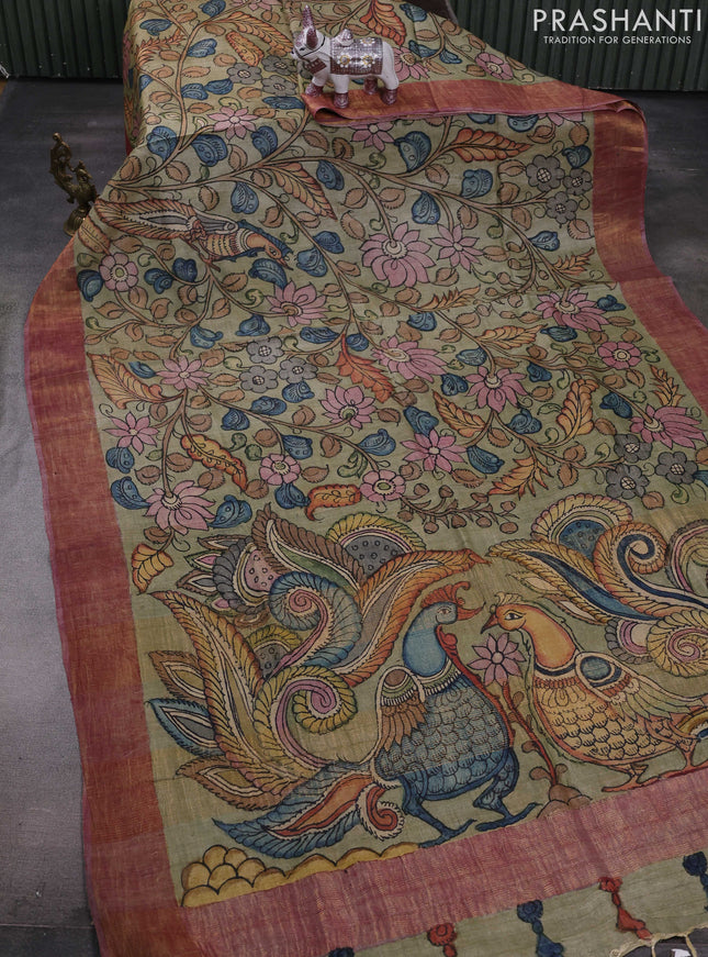 Elaichi Green & Mauve Pink Pure Tussar Silk - Pen Kalamkari Prints