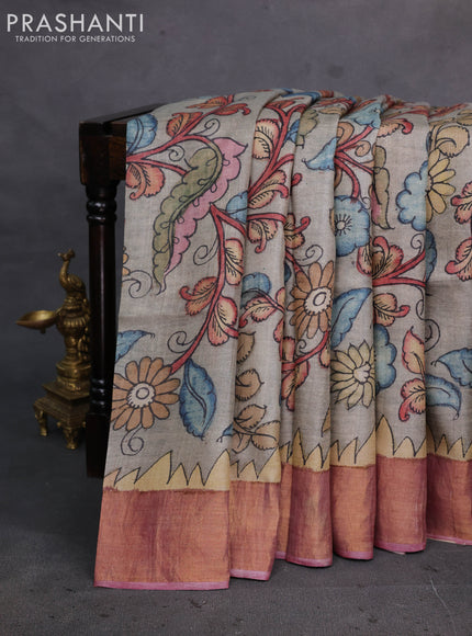 Grey & Mauve Pink Pure Tussar Silk - Pen Kalamkari Prints