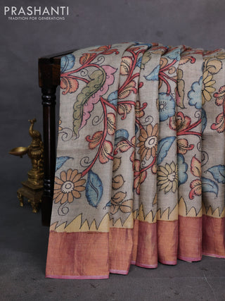 Grey & Mauve Pink Pure Tussar Silk - Pen Kalamkari Prints