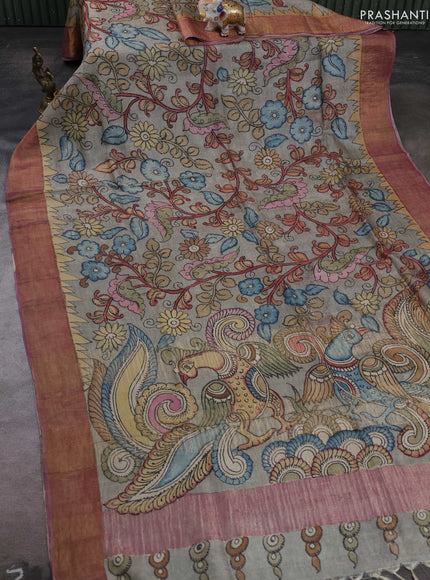 Grey & Mauve Pink Pure Tussar Silk - Pen Kalamkari Prints