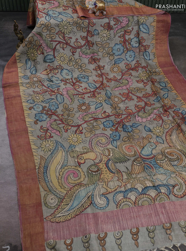 Grey & Mauve Pink Pure Tussar Silk - Pen Kalamkari Prints