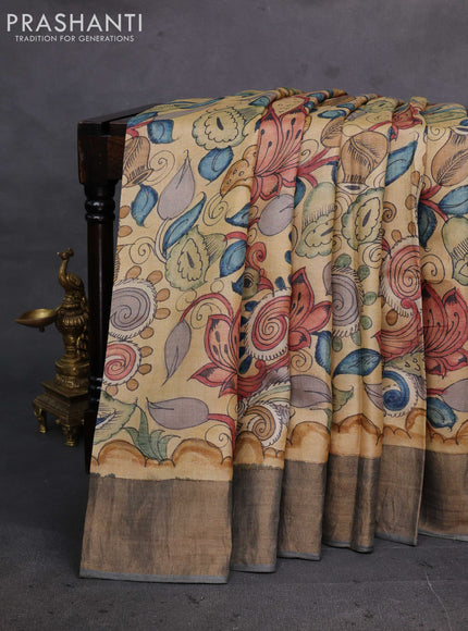 Sandal & Grey Pure Tussar Silk - Pen Kalamkari Prints