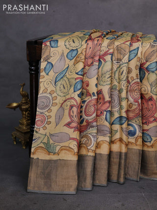Sandal & Grey Pure Tussar Silk - Pen Kalamkari Prints