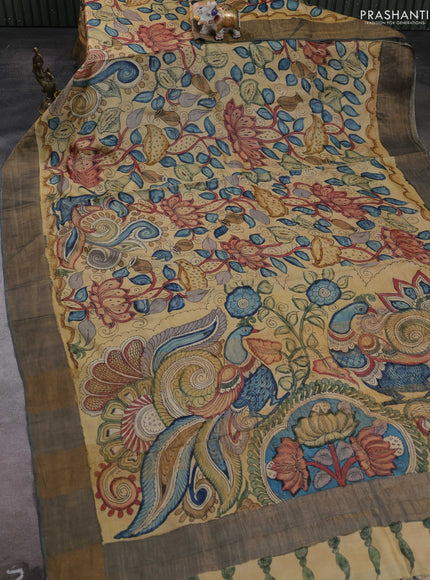 Sandal & Grey Pure Tussar Silk - Pen Kalamkari Prints
