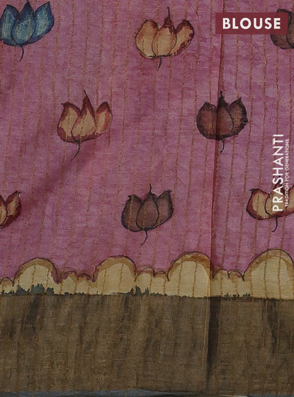 Sandal & Grey Pure Tussar Silk - Pen Kalamkari Prints