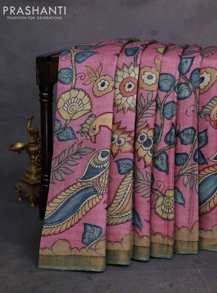 Mauve Pink & Green Pure Tussar Silk - Pen Kalamkari Prints