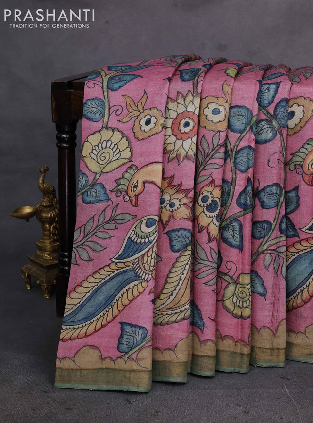 Mauve Pink & Green Pure Tussar Silk - Pen Kalamkari Prints