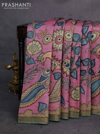 Mauve Pink & Green Pure Tussar Silk - Pen Kalamkari Prints