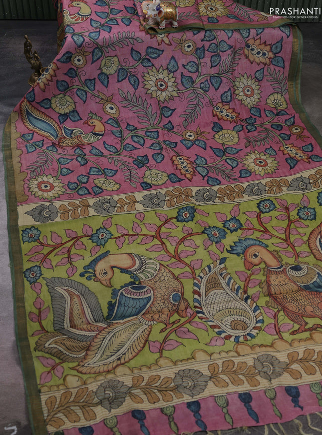 Mauve Pink & Green Pure Tussar Silk - Pen Kalamkari Prints