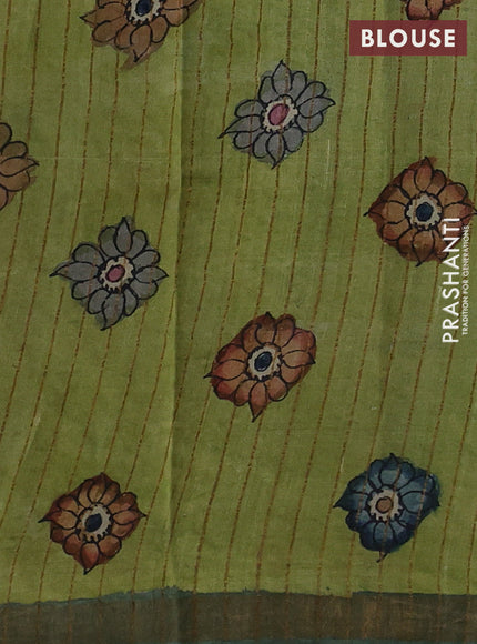 Mauve Pink & Green Pure Tussar Silk - Pen Kalamkari Prints