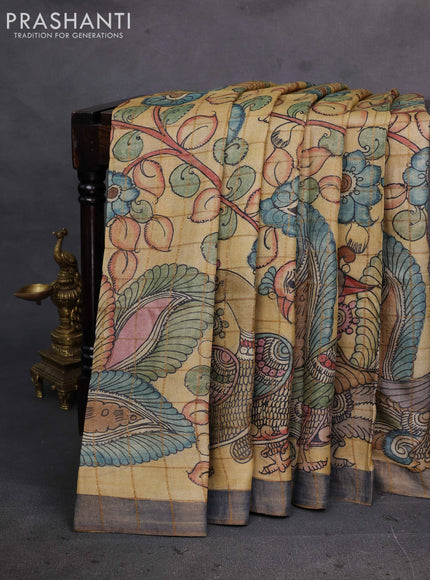 Sandal & Grey Pure Tussar Silk - Pen Kalamkari Prints