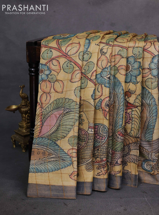 Sandal & Grey Pure Tussar Silk - Pen Kalamkari Prints