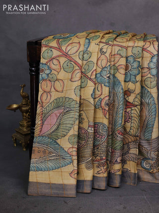 Sandal & Grey Pure Tussar Silk - Pen Kalamkari Prints