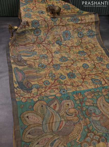 Sandal & Grey Pure Tussar Silk - Pen Kalamkari Prints