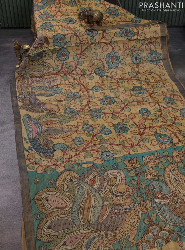 Sandal & Grey Pure Tussar Silk - Pen Kalamkari Prints