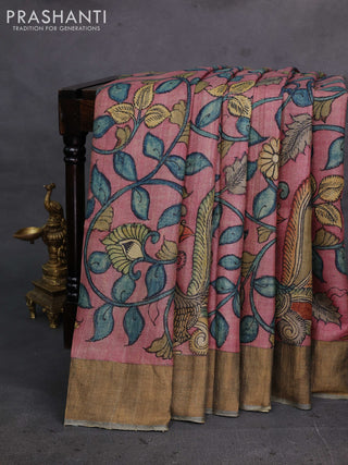 Mauve Pink Pure Tussar Silk - Pen Kalamkari Prints