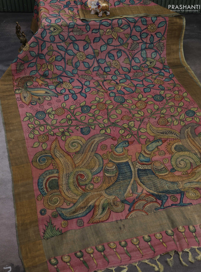 Mauve Pink Pure Tussar Silk - Pen Kalamkari Prints