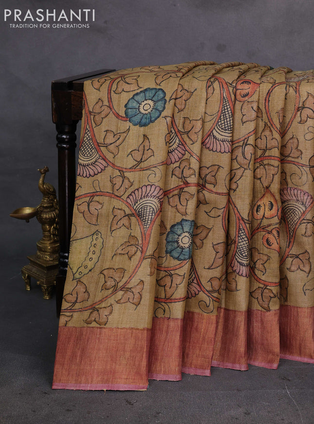 Beige & Mauve Pink Pure Tussar Silk - Pen Kalamkari Prints
