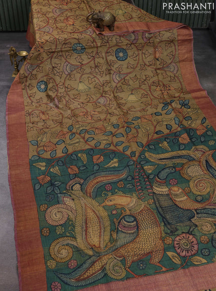 Beige & Mauve Pink Pure Tussar Silk - Pen Kalamkari Prints