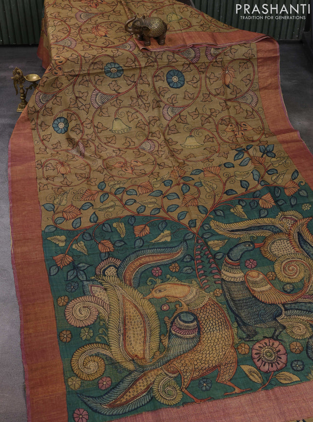 Beige & Mauve Pink Pure Tussar Silk - Pen Kalamkari Prints