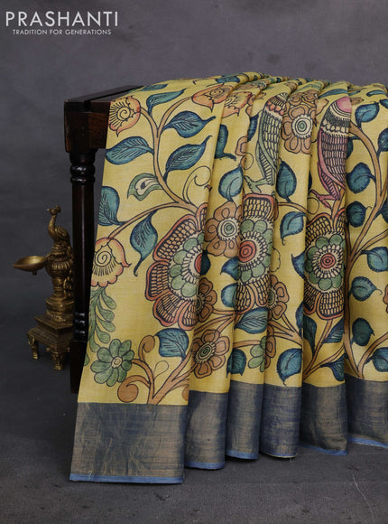 Yellow & Blue Pure Tussar Silk - Pen Kalamkari Prints