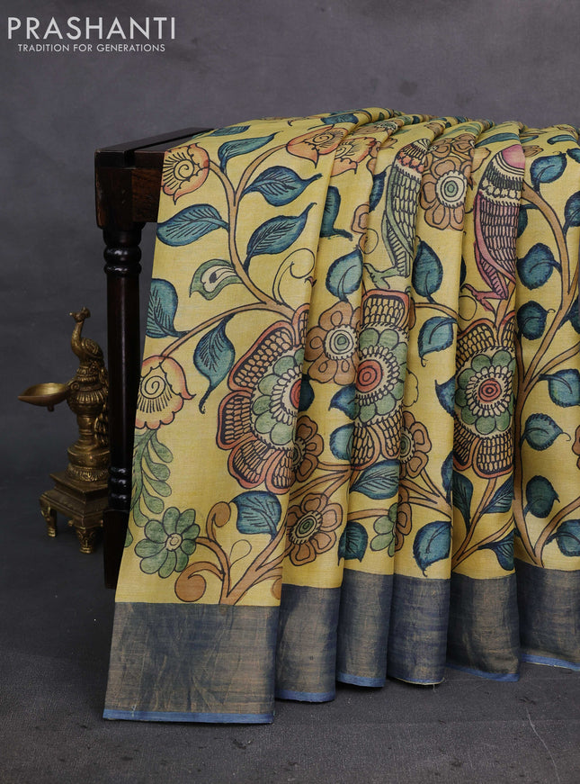 Yellow & Blue Pure Tussar Silk - Pen Kalamkari Prints