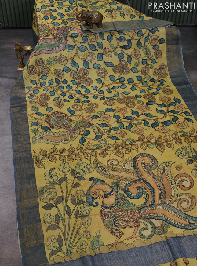 Yellow & Blue Pure Tussar Silk - Pen Kalamkari Prints