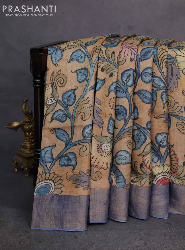 Sandal & Blue Pure Tussar Silk - Pen Kalamkari Prints