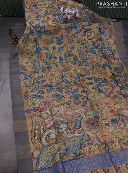 Sandal & Blue Pure Tussar Silk - Pen Kalamkari Prints
