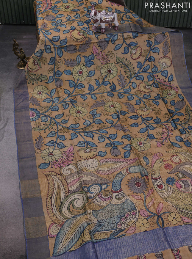 Sandal & Blue Pure Tussar Silk - Pen Kalamkari Prints