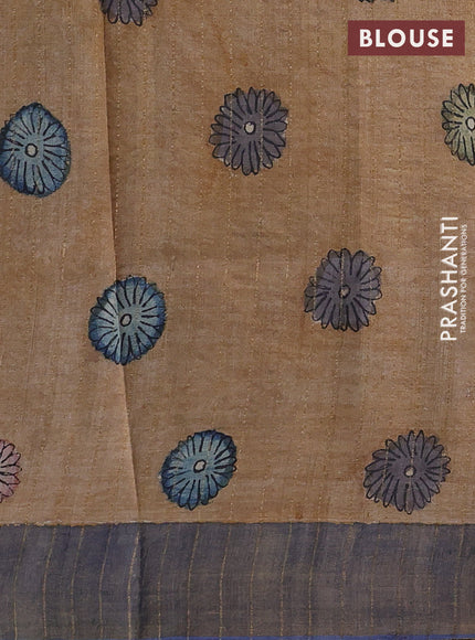 Sandal & Blue Pure Tussar Silk - Pen Kalamkari Prints
