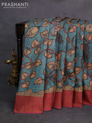 Teal Blue & Maroon Pure Tussar Silk - Pen Kalamkari Prints