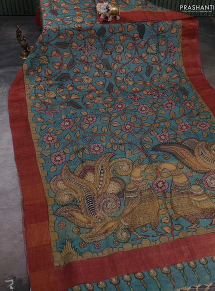 Teal Blue & Maroon Pure Tussar Silk - Pen Kalamkari Prints